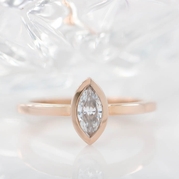 Bezel Set Marquise Cut Moissanite Engagement Ring - Navette - Moissanite Rings