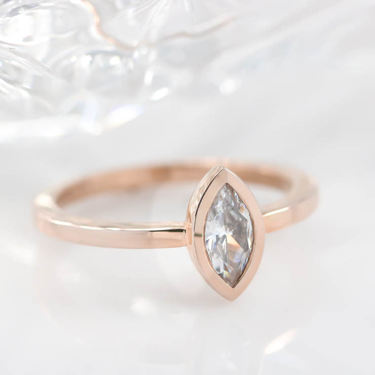 Bezel Set Marquise Cut Moissanite Engagement Ring - Navette - Moissanite Rings