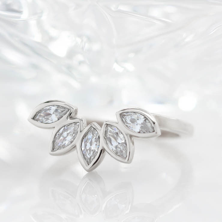 Diamond Marquise Wedding Band Curved Wedding Band Peacock Style Band - Paloma - Moissanite Rings