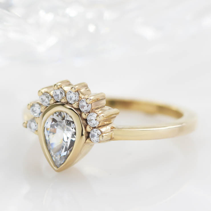 Pear Shape Halo Engagement Ring Moissanite Center Ring Diamond Setting Half Halo Bezel Set Ring -  Amelia - Moissanite Rings