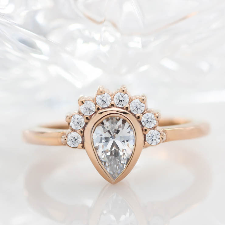 Pear Shape Halo Engagement Ring Moissanite Center Ring Diamond Setting Half Halo Bezel Set Ring -  Amelia - Moissanite Rings