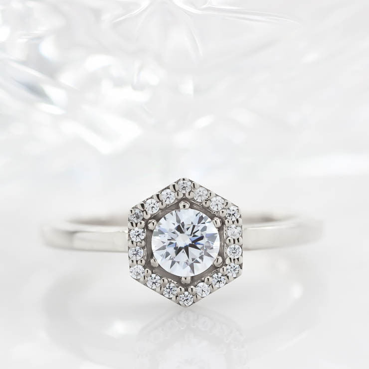 Hexagon Halo Diamond and Moissanite Engagement Ring Unique Ring - Harper - Moissanite Rings