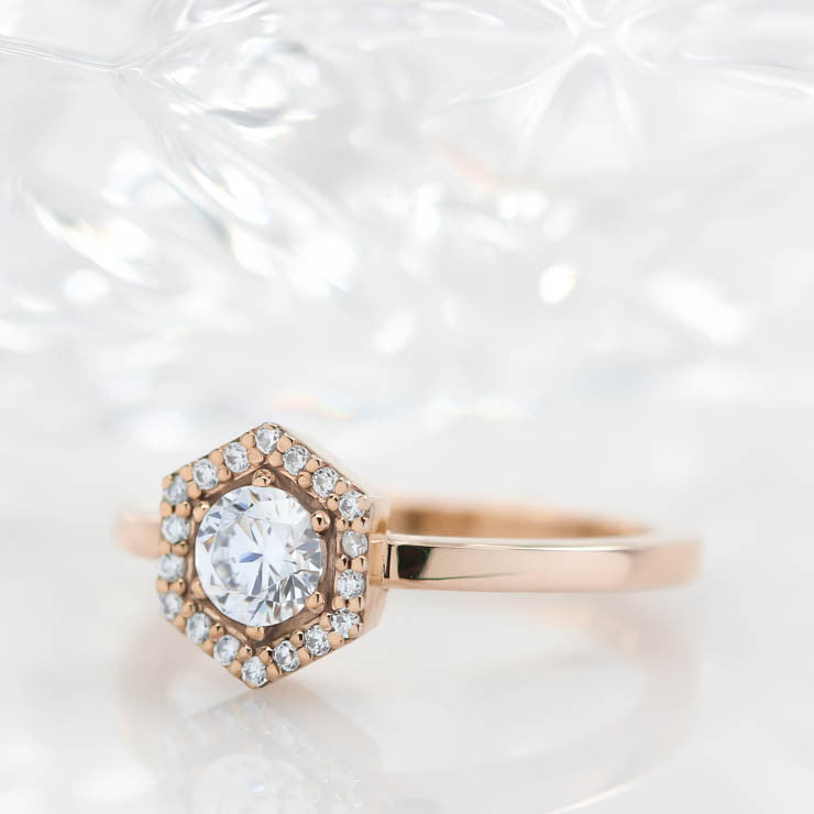 Hexagon Halo Diamond and Moissanite Engagement Ring Unique Ring - Harper - Moissanite Rings