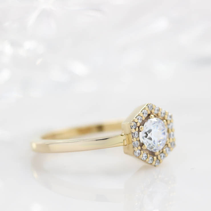 Hexagon Halo Diamond and Moissanite Engagement Ring Unique Ring - Harper - Moissanite Rings