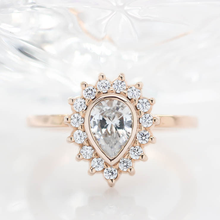 Diamond Halo Engagement Ring Moissanite Center Stone Pear Shape Moissanite Ring - Hannah - Moissanite Rings