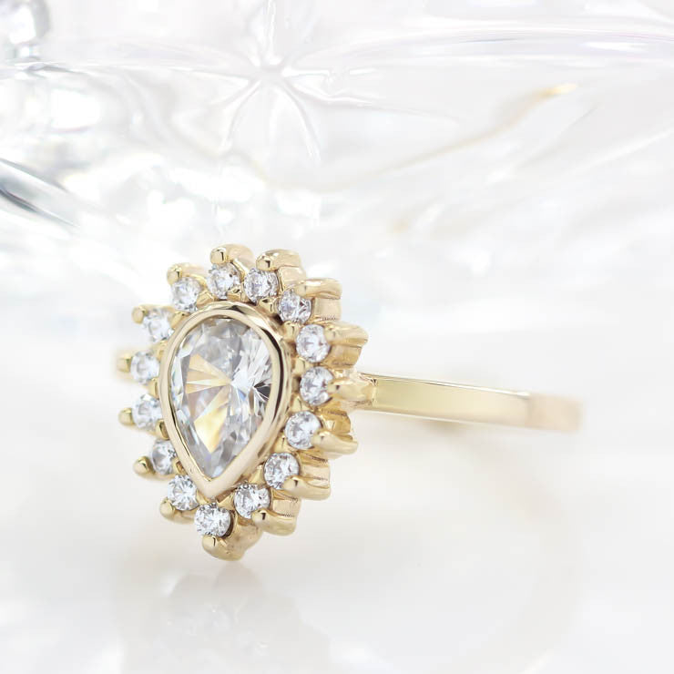 Diamond Halo Engagement Ring Moissanite Center Stone Pear Shape Moissanite Ring - Hannah - Moissanite Rings