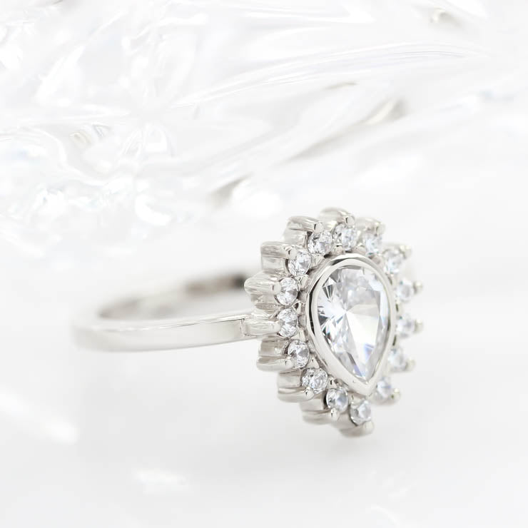 Diamond Halo Engagement Ring Moissanite Center Stone Pear Shape Moissanite Ring - Hannah - Moissanite Rings