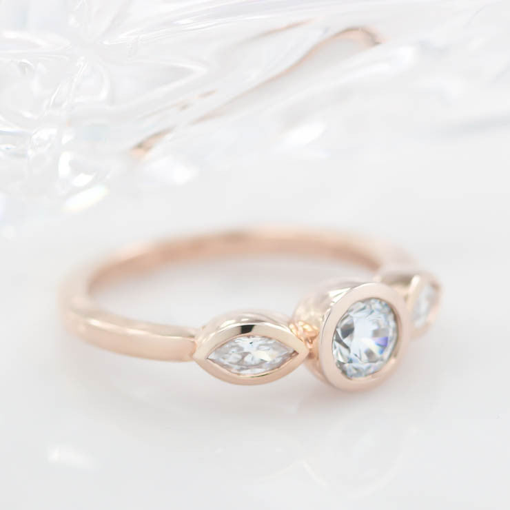 Dainty Three Stone Bezel Set Engagement Ring Diamond Marquise Side Stones Round Moissanite Center Stone Ring - Hazel - Moissanite Rings