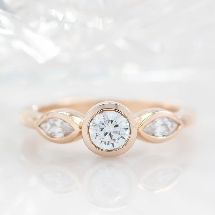 Dainty Three Stone Bezel Set Engagement Ring Diamond Marquise Side Stones Round Moissanite Center Stone Ring - Hazel - Moissanite Rings