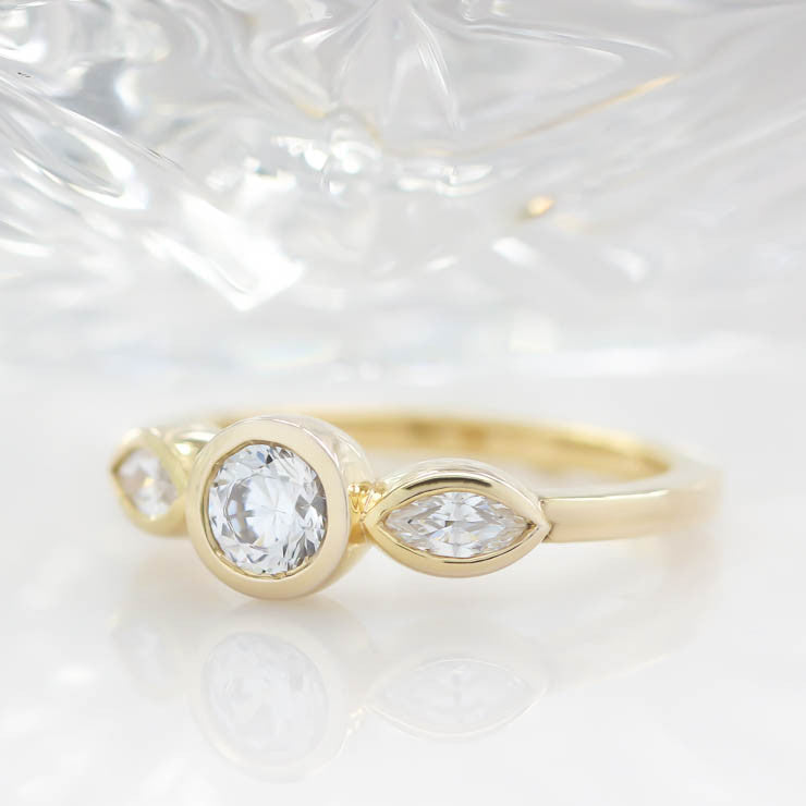 Dainty Three Stone Bezel Set Engagement Ring Diamond Marquise Side Stones Round Moissanite Center Stone Ring - Hazel - Moissanite Rings