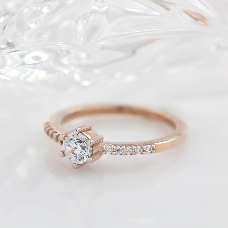 Thin Diamond Band Engagement Ring Six Prong Petite Moissanite Center Stone - Sara - Moissanite Rings