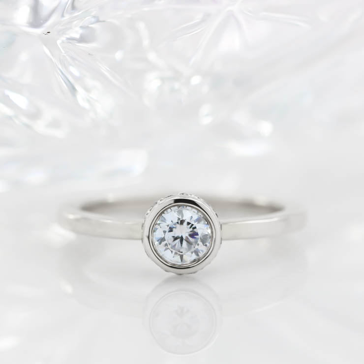 Hidden Halo Engagement Ring Bezel Set Moissanite Center Stone Thin Band Solitaire Ring - Alexa - Moissanite Rings