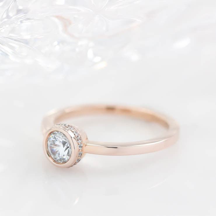 Hidden Halo Engagement Ring Bezel Set Moissanite Center Stone Thin Band Solitaire Ring - Alexa - Moissanite Rings