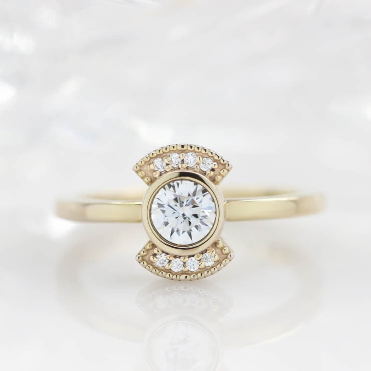 Round Moissanite Engagement Ring Diamond Setting Thin Band Ring Bezel Set Center Stone - Juliette - Moissanite Rings