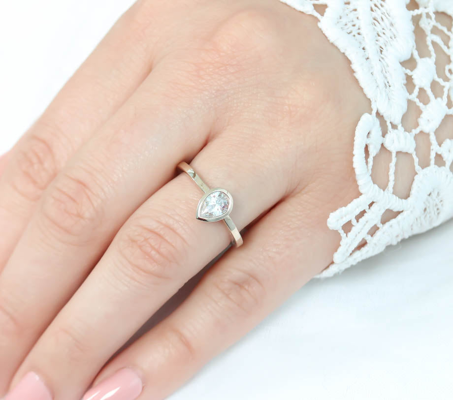 Pear Shape Forever One Moissanite Engagement Ring Bezel Set Ring - Drop - Moissanite Rings