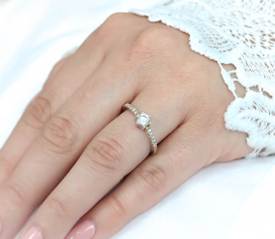 Thin Diamond Band Engagement Ring Six Prong Petite Moissanite Center Stone - Sara - Moissanite Rings