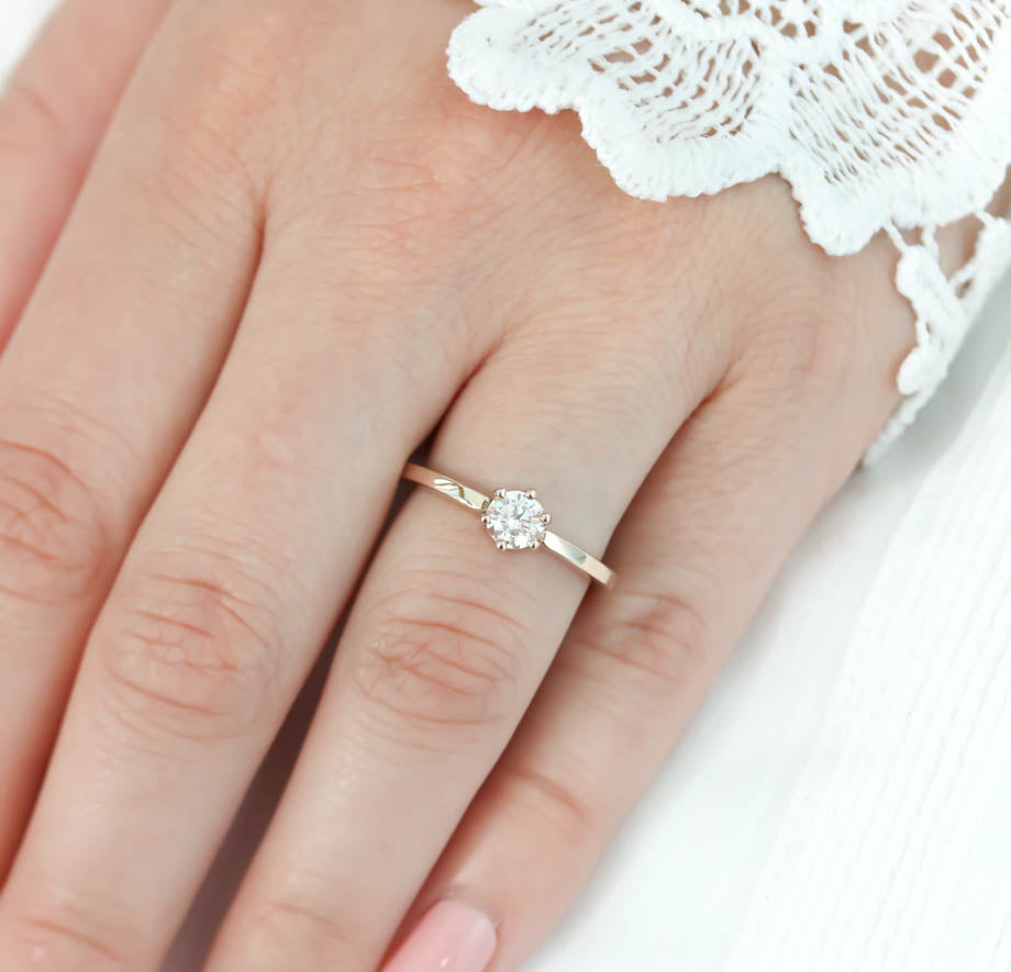 Dainty Solitaire  Engagement Ring Minimalist Design Six Prong Setting Moissanite Center - Natalie - Moissanite Rings