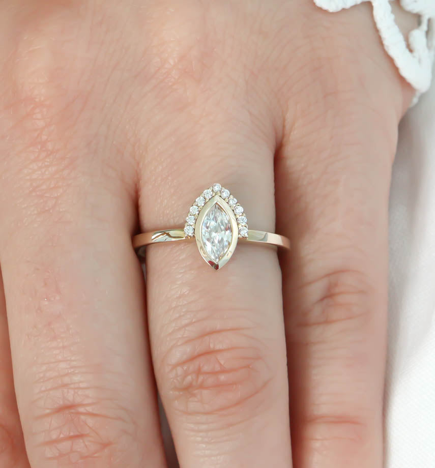 Half Halo Marquise Moissanite Diamond Engagement Ring  Bezel Set Ring Unique Style - Scarlette - Moissanite Rings