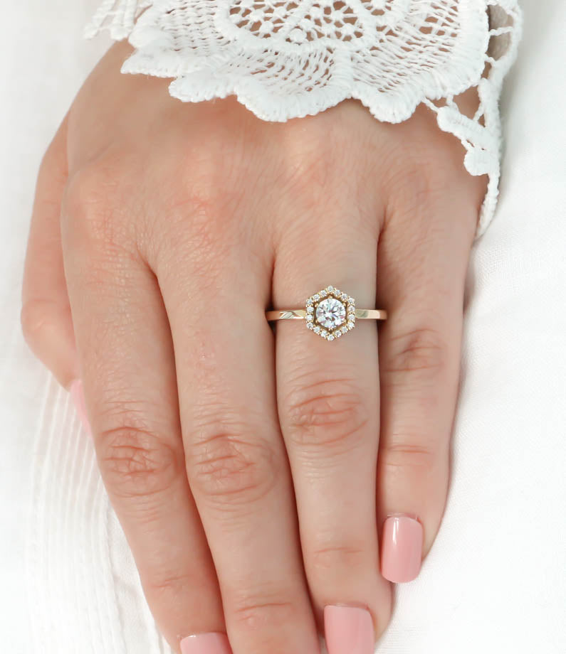 Hexagon Halo Diamond and Moissanite Engagement Ring Unique Ring - Harper - Moissanite Rings