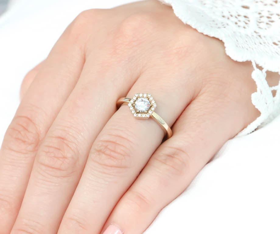 Hexagon Halo Diamond and Moissanite Engagement Ring Unique Ring - Harper - Moissanite Rings