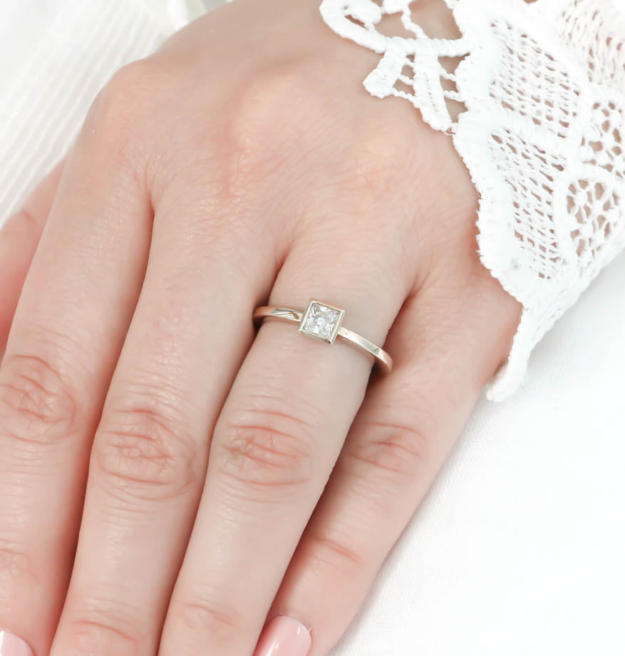 Princess Cut Moissanite Engagement Ring Thin Band Bezel Set Ring - Meghan - Moissanite Rings