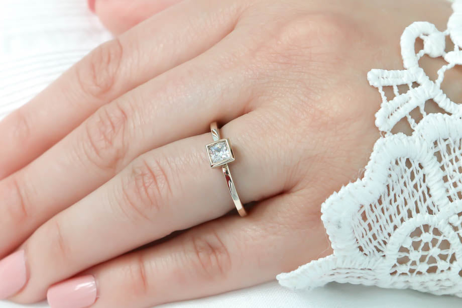 Princess Cut Moissanite Engagement Ring Thin Band Bezel Set Ring - Meghan - Moissanite Rings