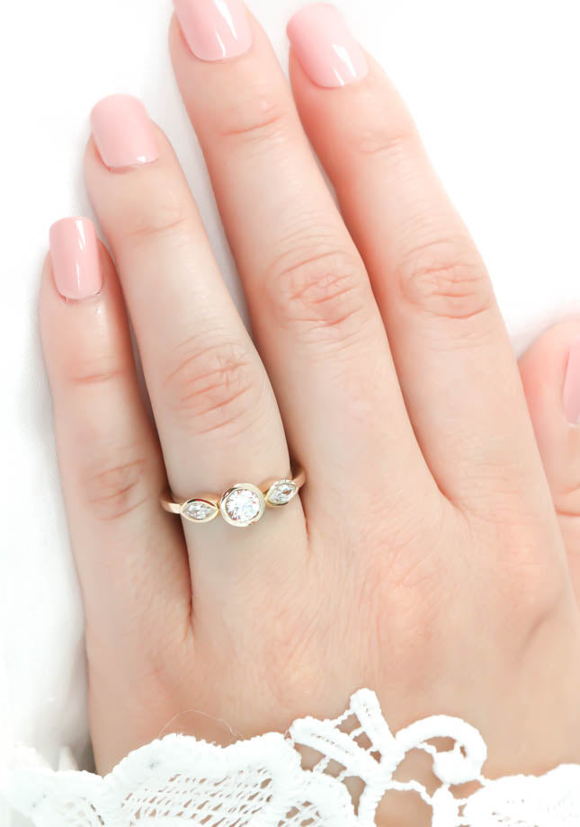 Dainty Three Stone Bezel Set Engagement Ring Diamond Marquise Side Stones Round Moissanite Center Stone Ring - Hazel - Moissanite Rings