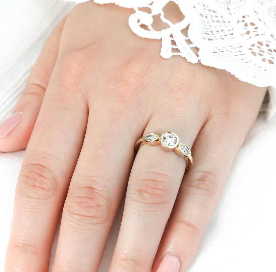 Dainty Three Stone Bezel Set Engagement Ring Diamond Marquise Side Stones Round Moissanite Center Stone Ring - Hazel - Moissanite Rings