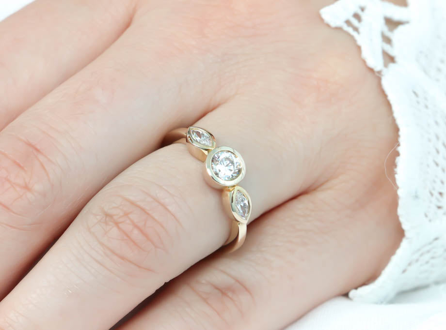 Dainty Three Stone Bezel Set Engagement Ring Diamond Marquise Side Stones Round Moissanite Center Stone Ring - Hazel - Moissanite Rings