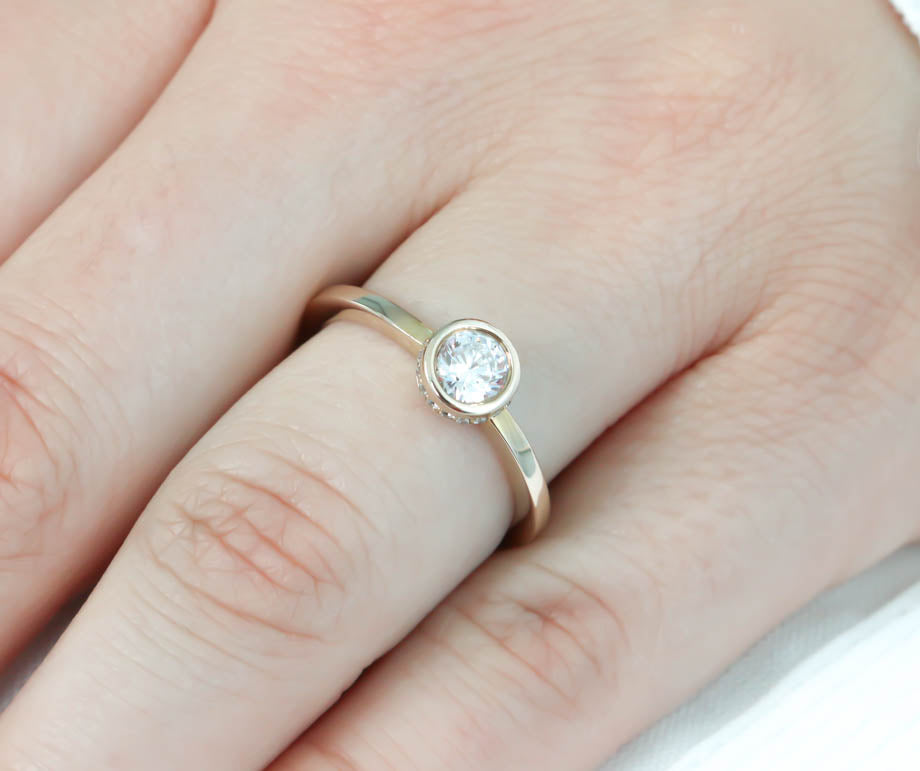 Hidden Halo Engagement Ring Bezel Set Moissanite Center Stone Thin Band Solitaire Ring - Alexa - Moissanite Rings