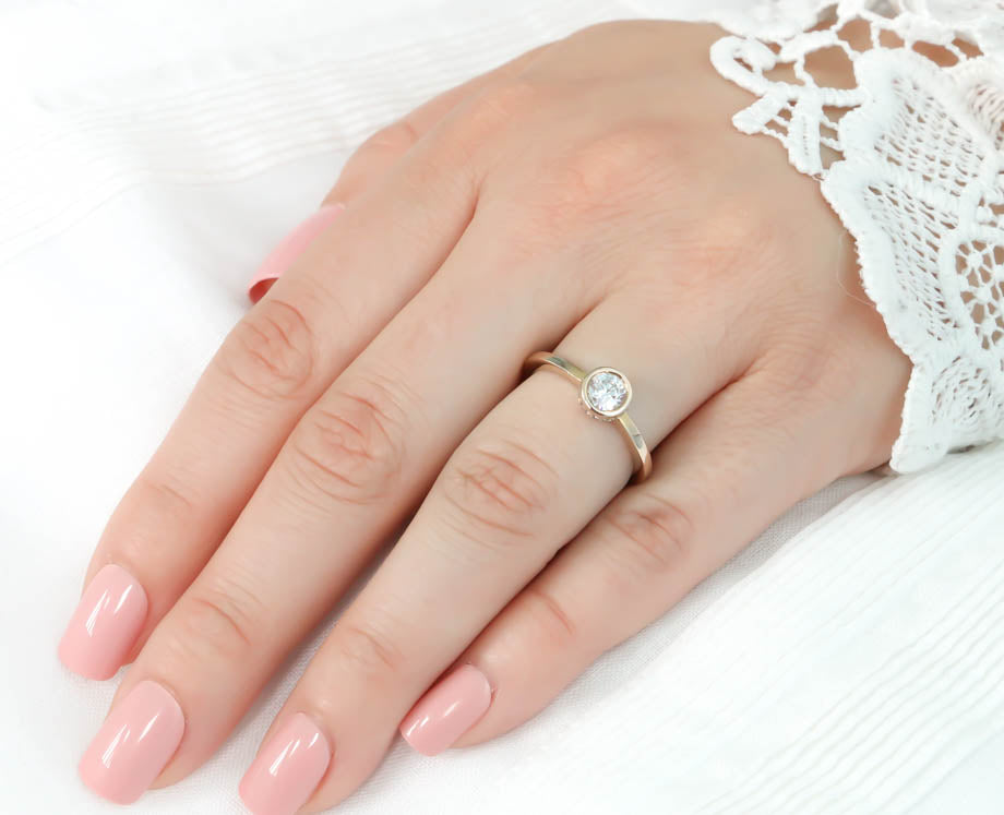 Hidden Halo Engagement Ring Bezel Set Moissanite Center Stone Thin Band Solitaire Ring - Alexa - Moissanite Rings