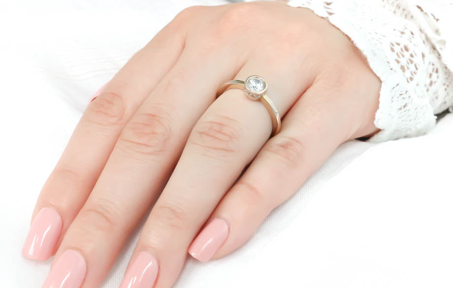 Hidden Halo Engagement Ring Bezel Set Moissanite Center Stone Thin Band Solitaire Ring - Alexa - Moissanite Rings