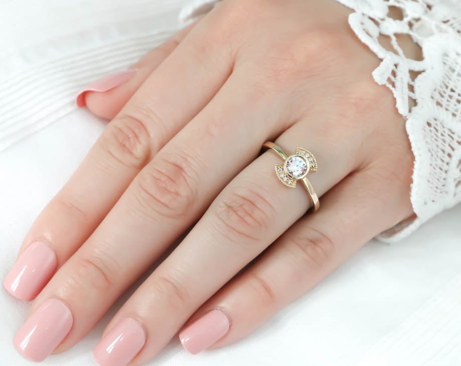 Round Moissanite Engagement Ring Diamond Setting Thin Band Ring Bezel Set Center Stone - Juliette - Moissanite Rings