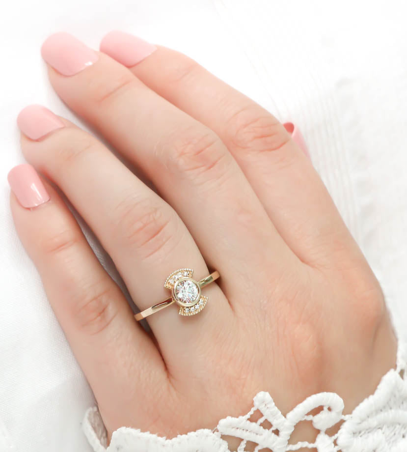 Round Moissanite Engagement Ring Diamond Setting Thin Band Ring Bezel Set Center Stone - Juliette - Moissanite Rings