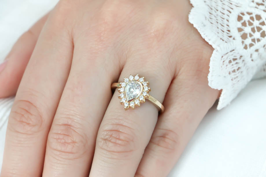 Diamond Halo Engagement Ring Moissanite Center Stone Pear Shape Moissanite Ring - Hannah - Moissanite Rings