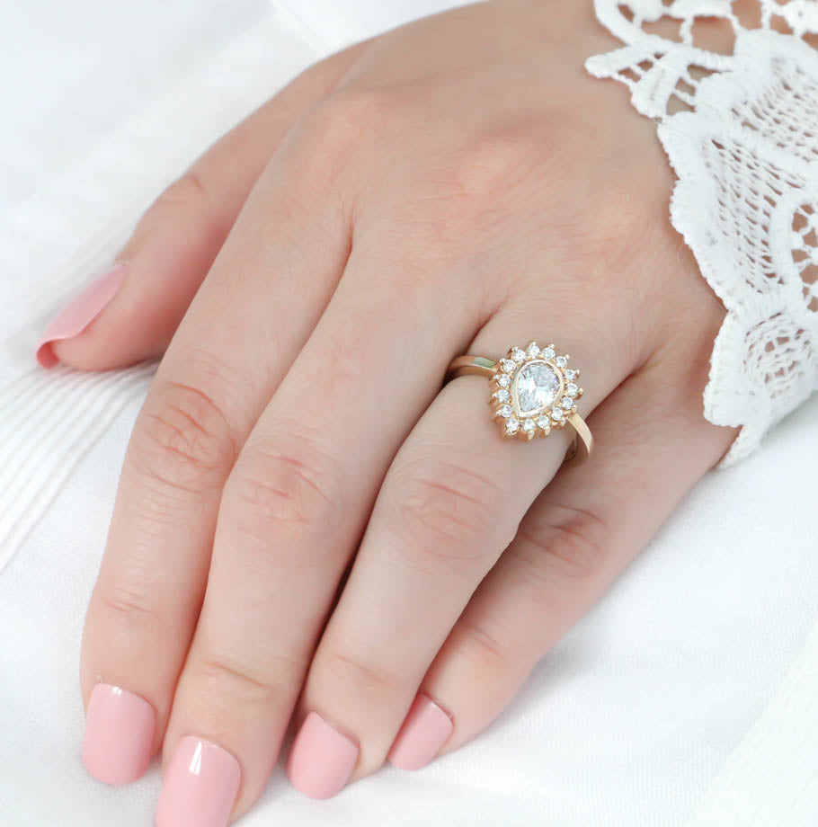 Diamond Halo Engagement Ring Moissanite Center Stone Pear Shape Moissanite Ring - Hannah - Moissanite Rings