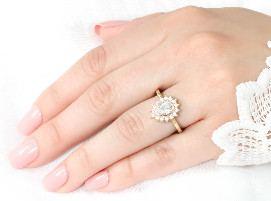 Diamond Halo Engagement Ring Moissanite Center Stone Pear Shape Moissanite Ring - Hannah - Moissanite Rings