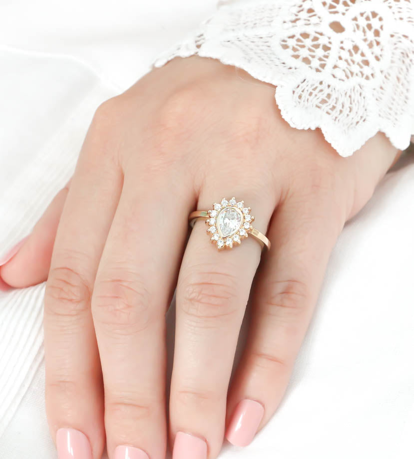 Diamond Halo Engagement Ring Moissanite Center Stone Pear Shape Moissanite Ring - Hannah - Moissanite Rings