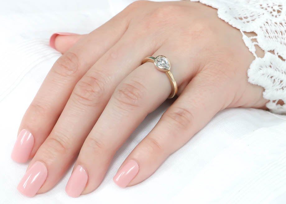 Bezel Set Solitaire Engagement Ring Pear Moissanite Ring Unique Style Thin Band - Naomi - Moissanite Rings