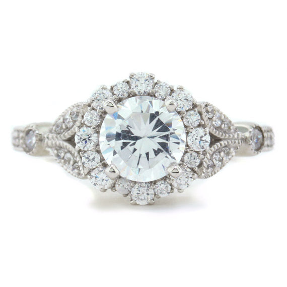 Vintage Floral Style Halo Diamond and Moissanite Engagement Ring - Lilly - Moissanite Rings