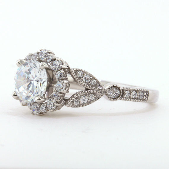 Vintage Floral Style Halo Diamond and Moissanite Engagement Ring - Lilly - Moissanite Rings