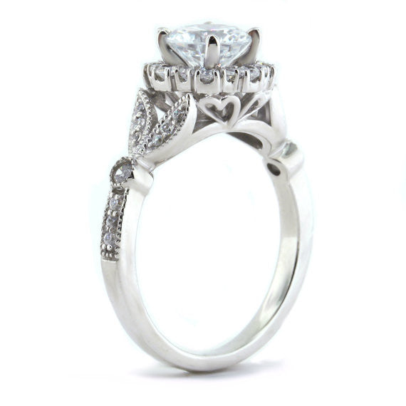 Vintage Floral Style Halo Diamond and Moissanite Engagement Ring - Lilly - Moissanite Rings