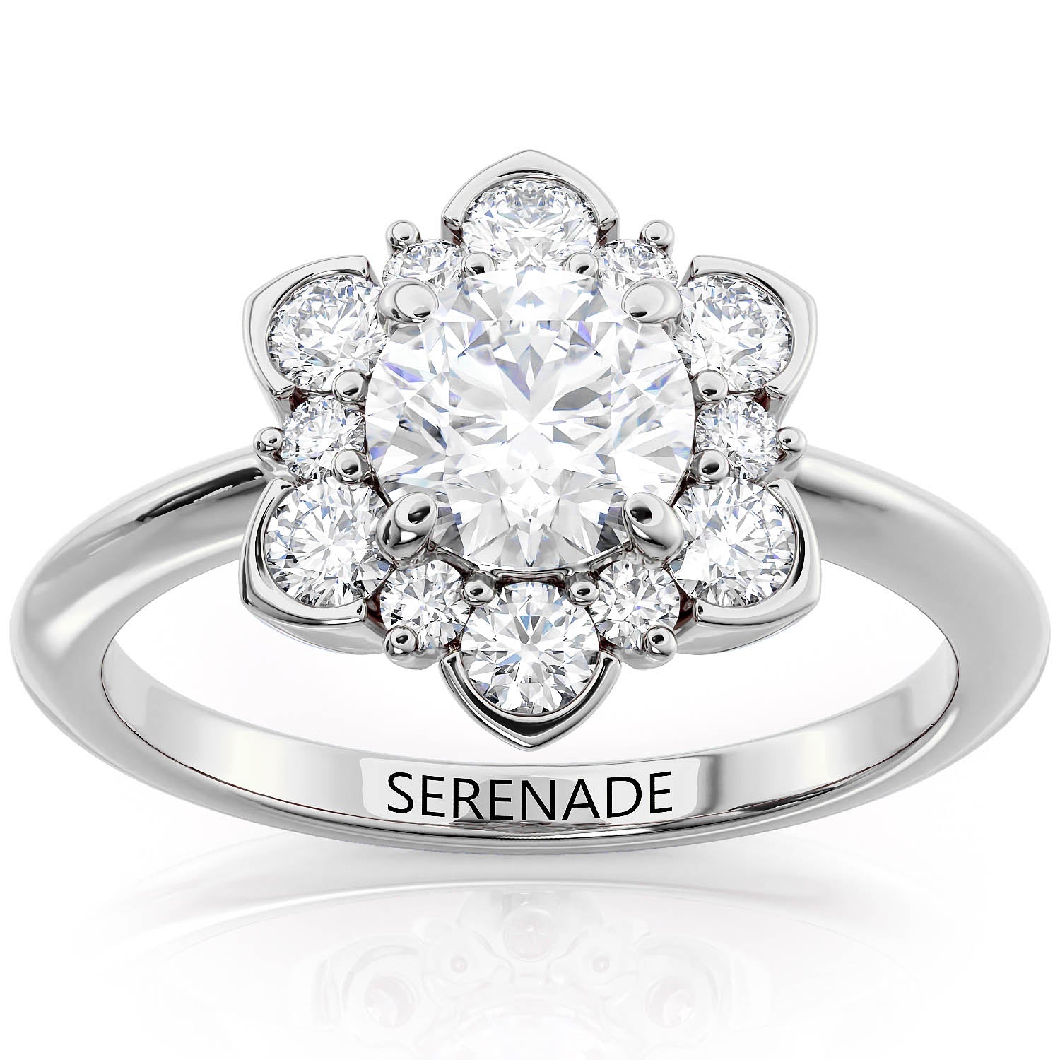 Diamond Halo Plain Shank Moissanite Engagement Ring - Sparkling Snowflake II