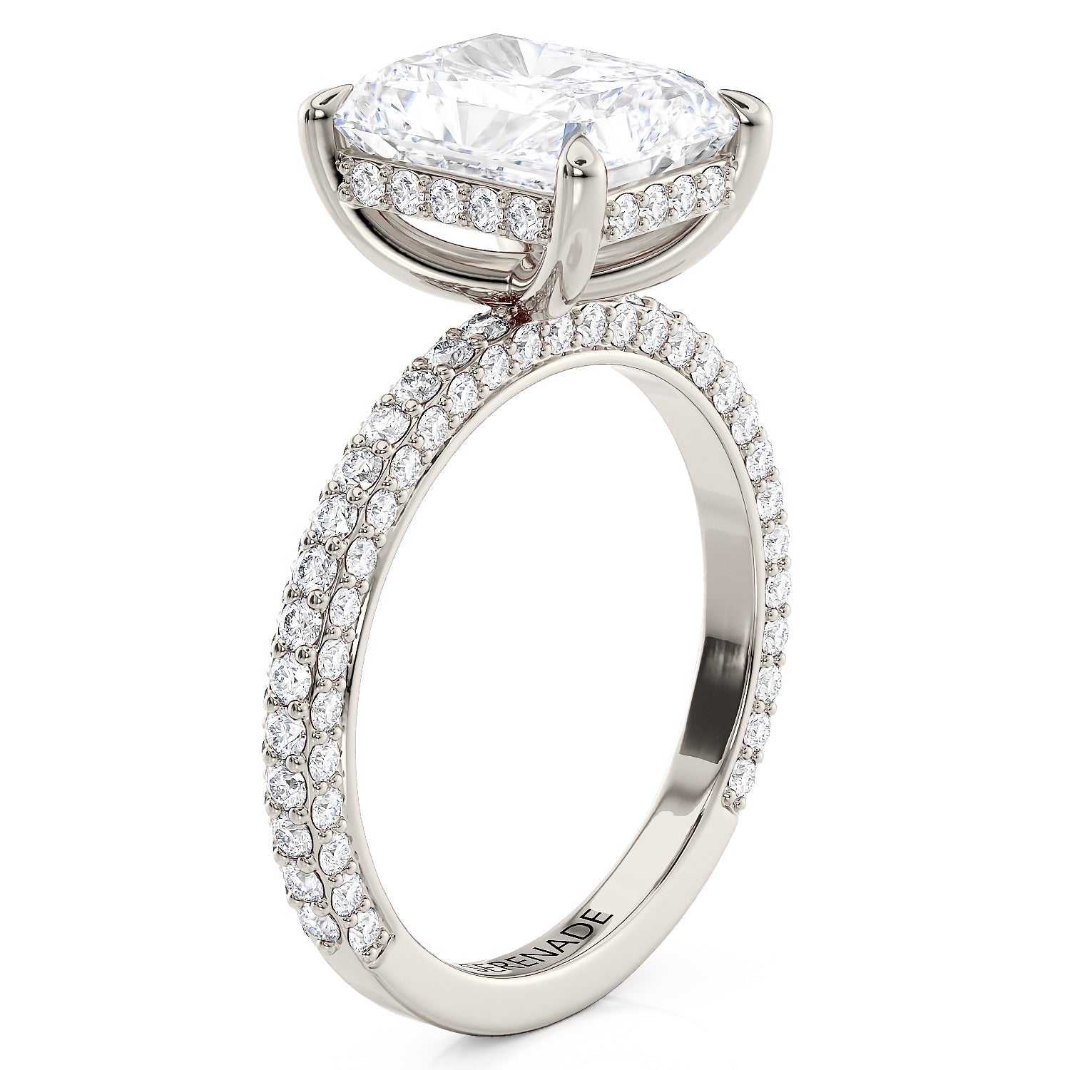 Diamonds All Over Radiant Cut Hidden Halo Engagement Ring - Triple Row Radiant 2.5 carat