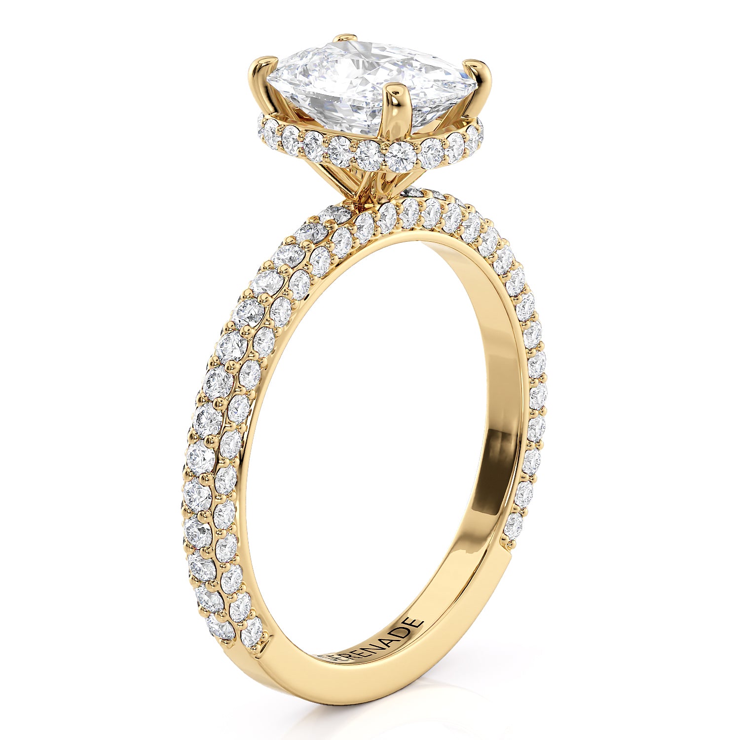 Three Row Elongated Cushion Center Engagement Ring Diamond Hidden Halo Setting - Nala