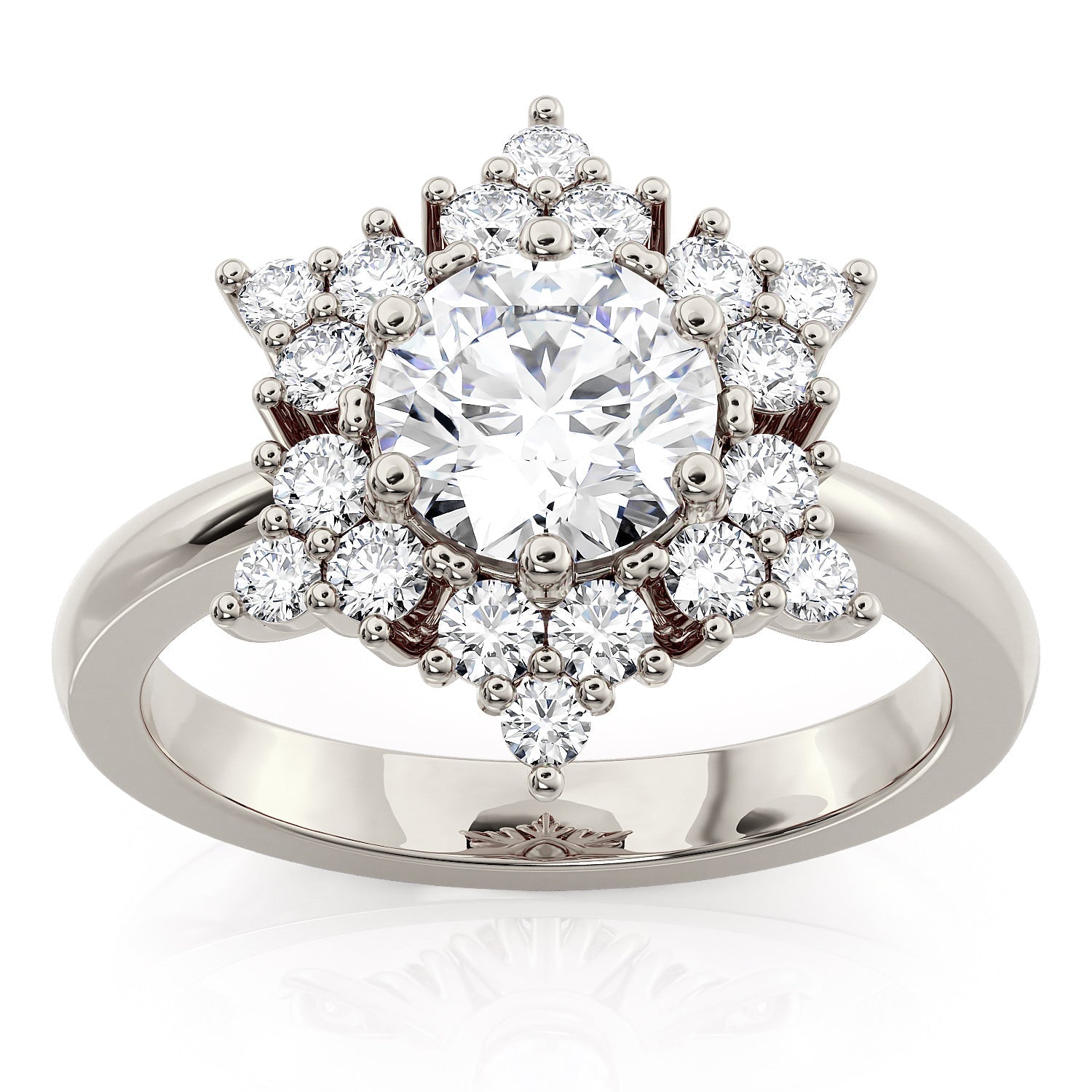 Classic Round Center Engagement Ring with Diamond Halo Cluster – Moissanite or Lab-Grown Diamond in Gold or Platinum- Snowflake III