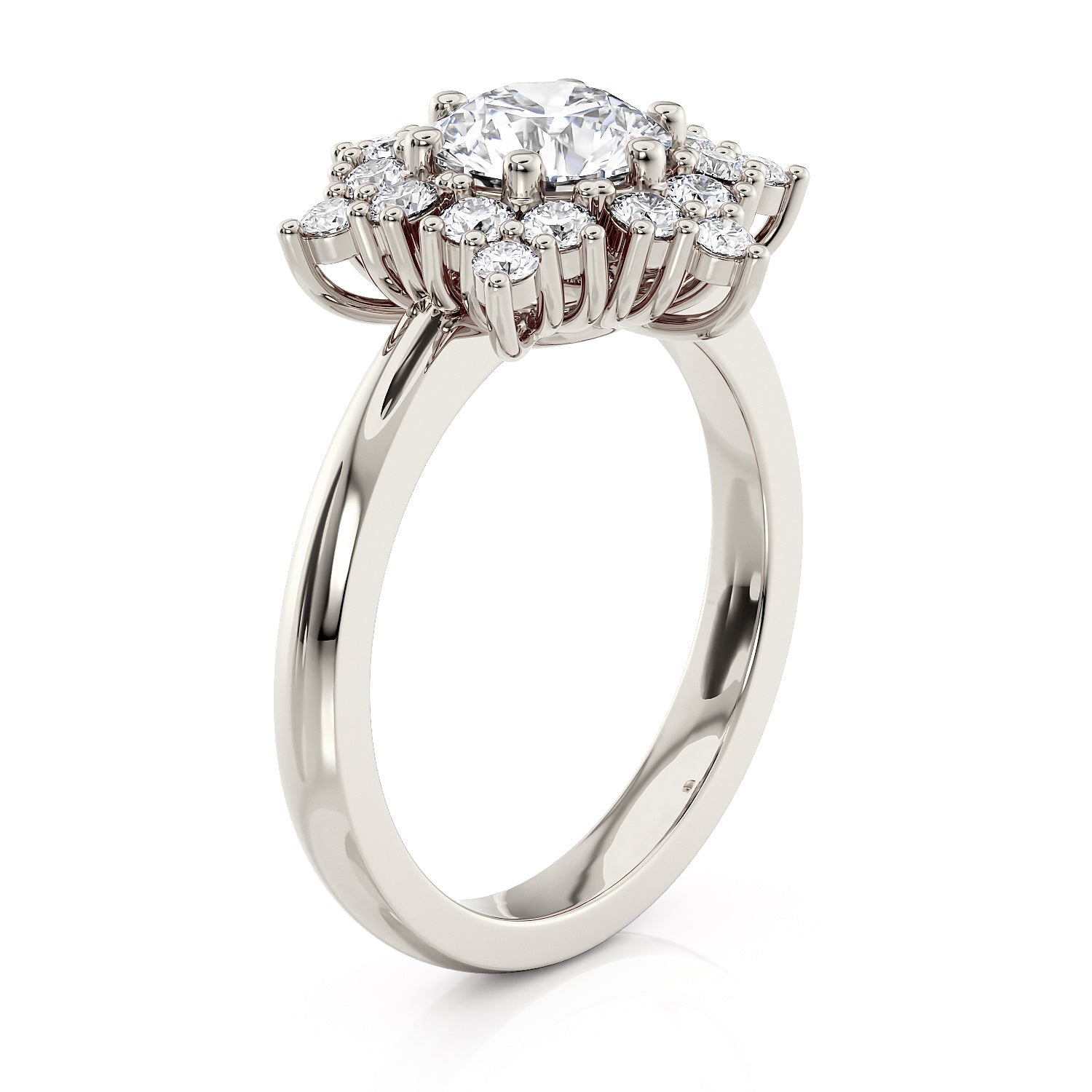 Classic Round Center Engagement Ring with Diamond Halo Cluster – Moissanite or Lab-Grown Diamond in Gold or Platinum- Snowflake III