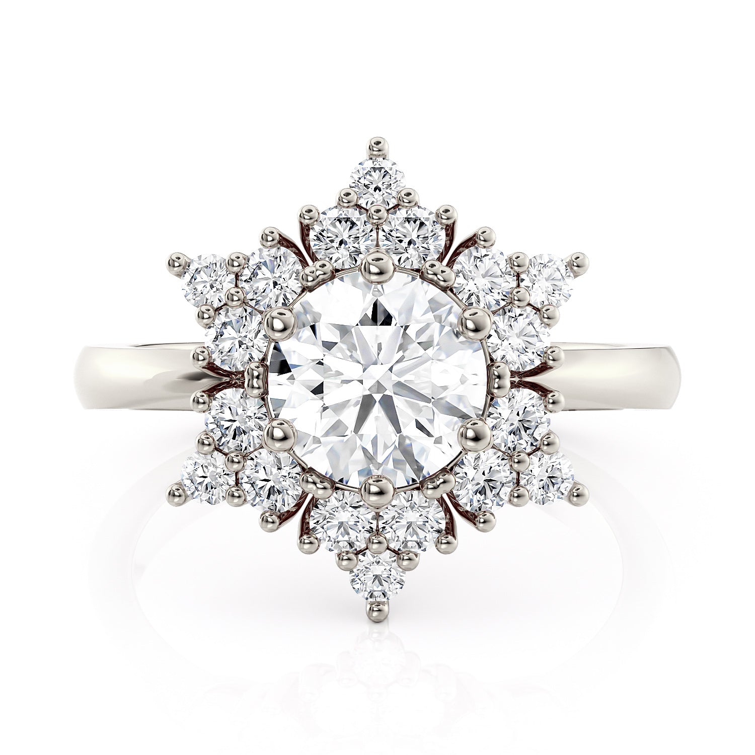 Classic Round Center Engagement Ring with Diamond Halo Cluster – Moissanite or Lab-Grown Diamond in Gold or Platinum- Snowflake III