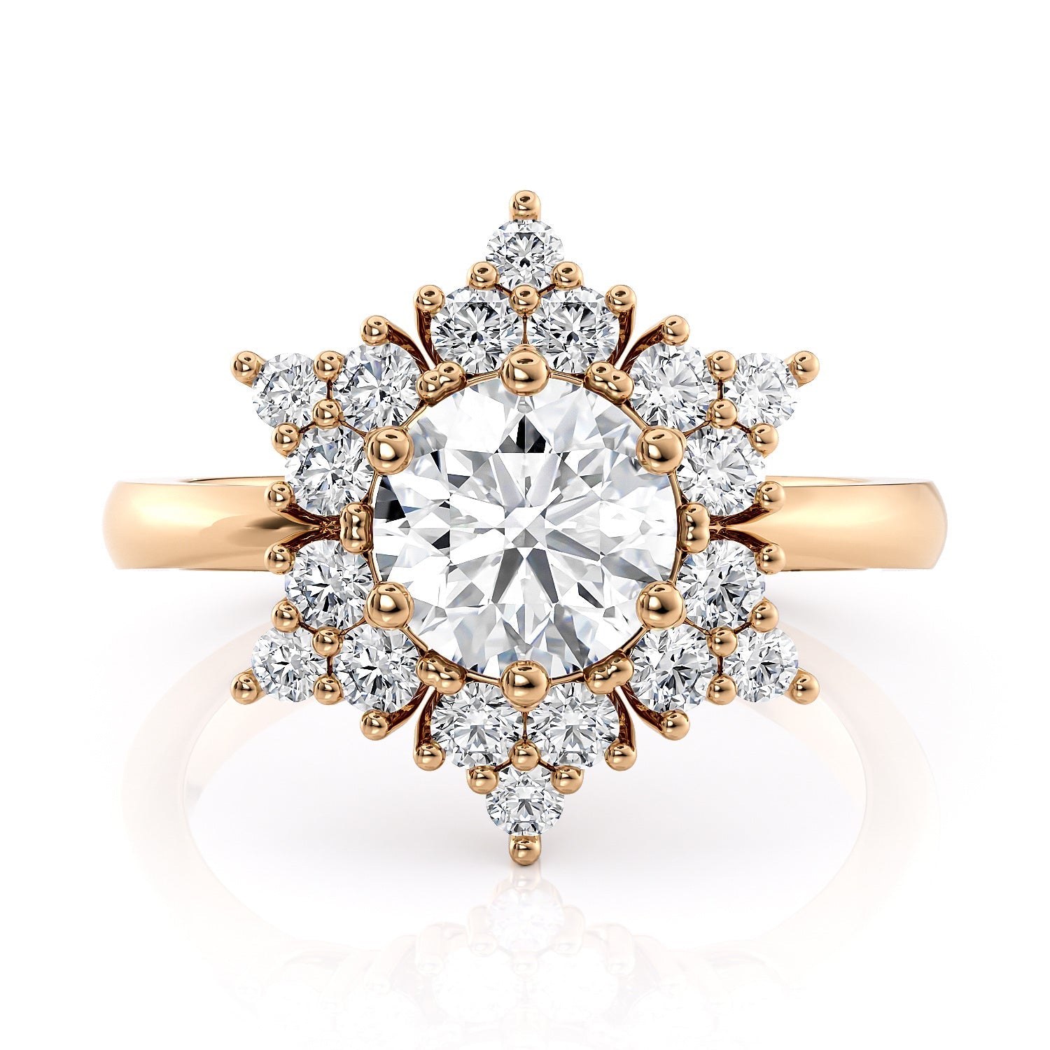 Classic Round Center Engagement Ring with Diamond Halo Cluster – Moissanite or Lab-Grown Diamond in Gold or Platinum- Snowflake III