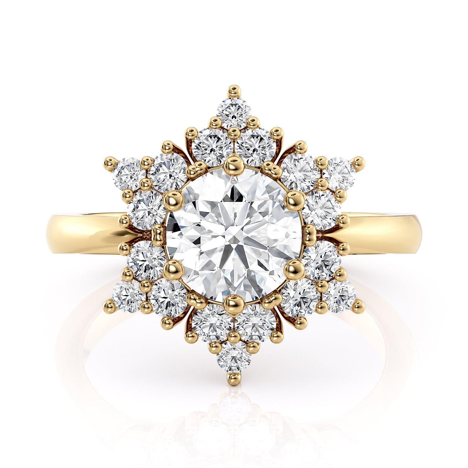 Classic Round Center Engagement Ring with Diamond Halo Cluster – Moissanite or Lab-Grown Diamond in Gold or Platinum- Snowflake III